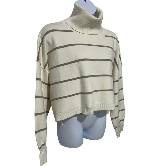 Free People Paulie Cropped Turtleneck Sweater Cream Beige Stripe  Women's Large - Picture 11 of 14
